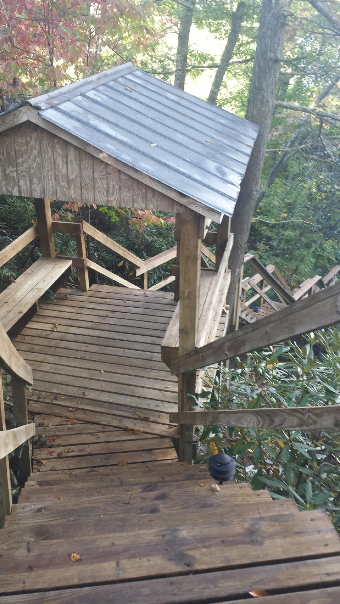 Metal roofed shelter over wooden steps on a wooded walkway — Skylight Repair & Installation work by our crew in Weber City